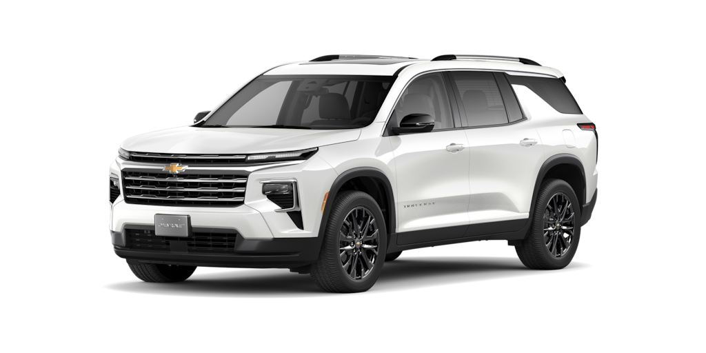 Elige tu nueva Chevrolet Traverse 2024 en color blanco platino, camioneta familiar para 7 u 8 pasajeros